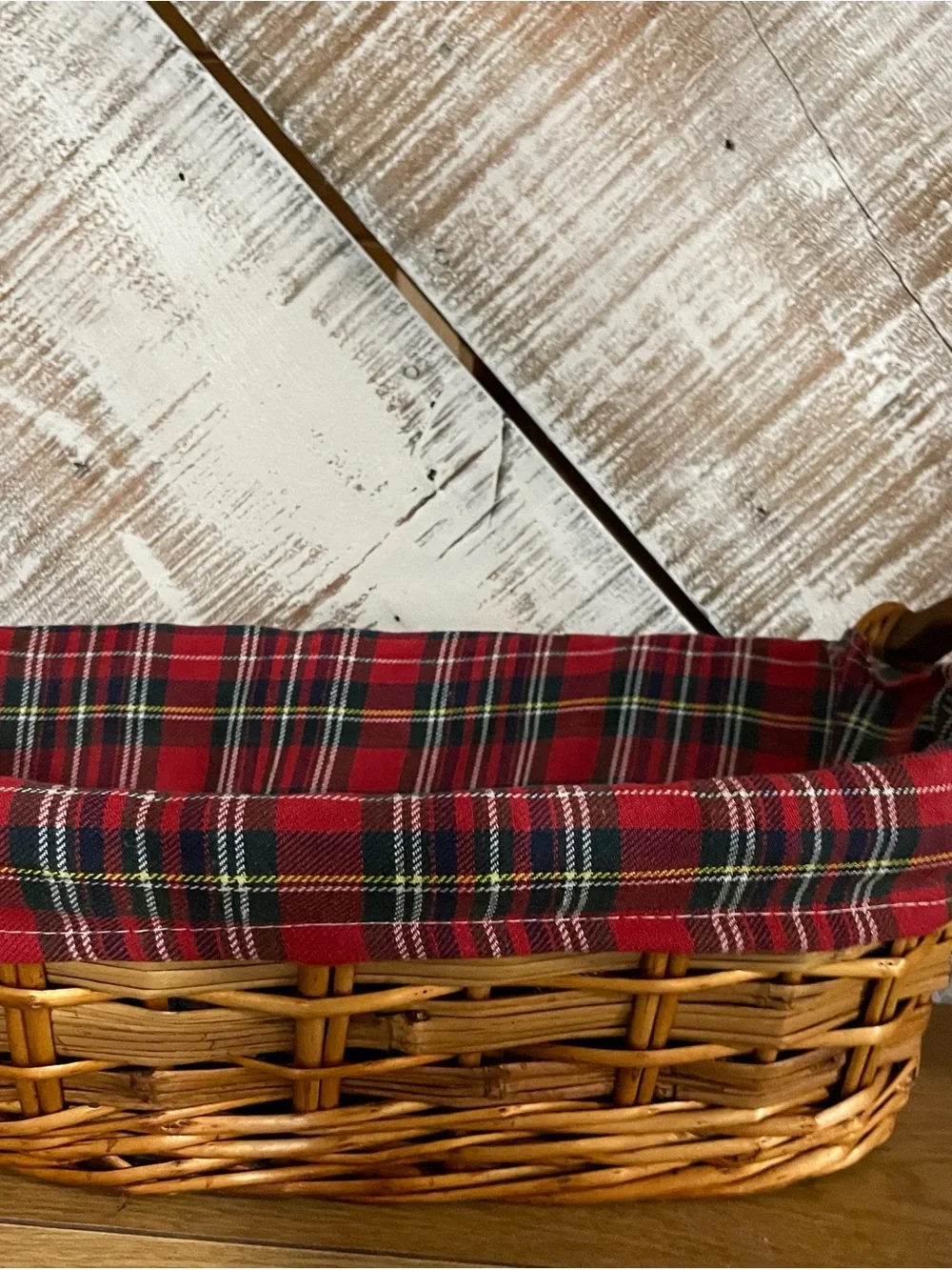Woven Natural Willow Basket with Red Plaid Liner